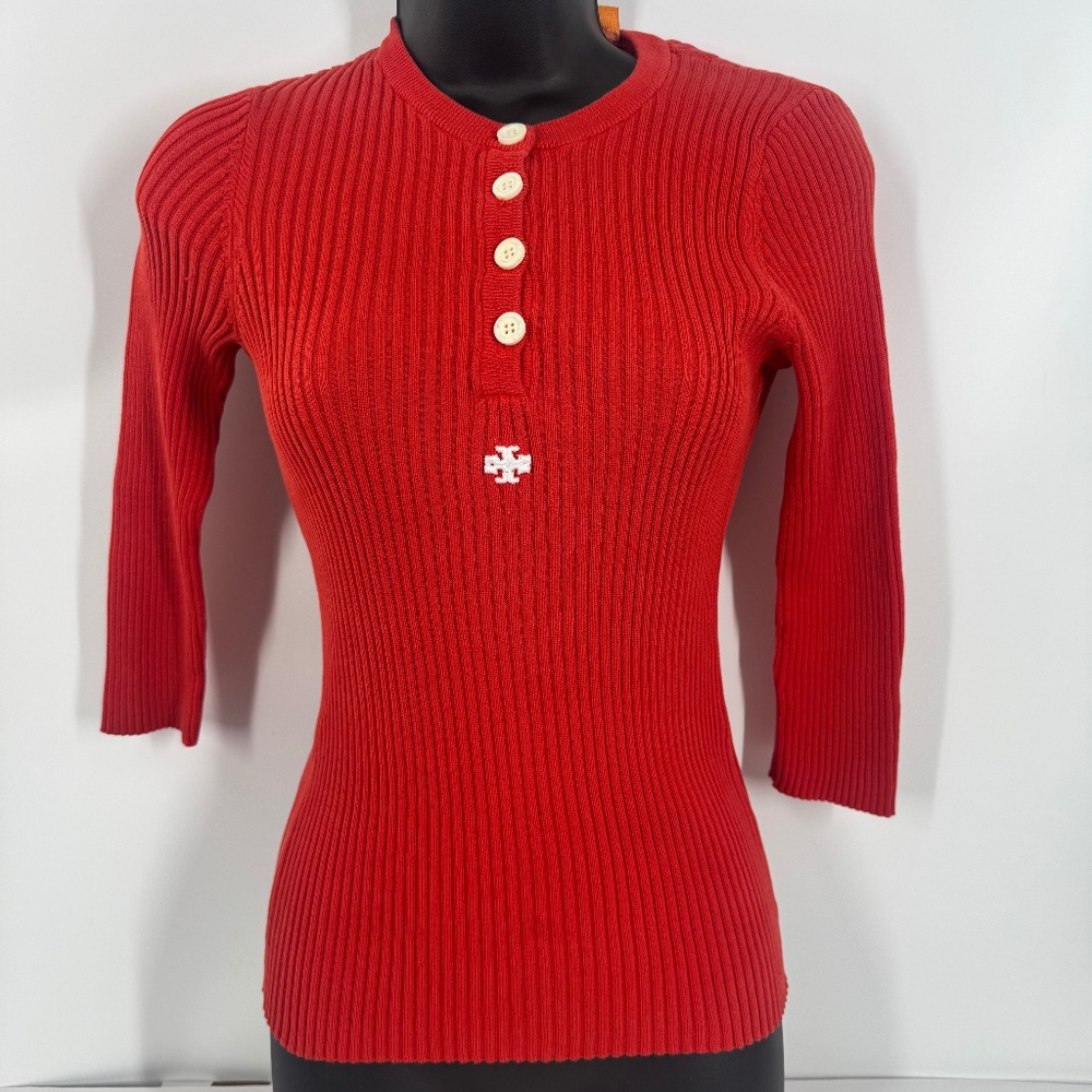 Tory Burch Orange Ribbed Henley Sweater XS
